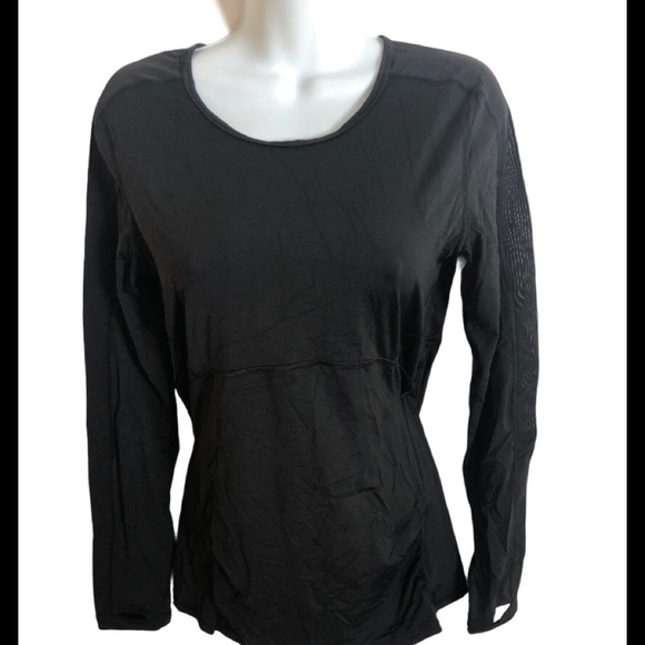 Athleta Fitted LS Black Scoop Neck Yoga Fitness Top Sz. M Thumb Holes Running - Picture 1 of 6